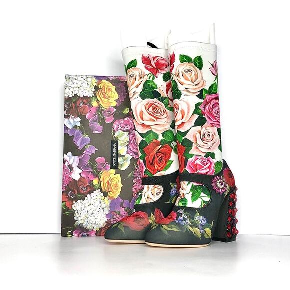 NIB Dolce & Gabbana Crystal Embellished Floral Maryjane Sock Boots 37 - Picture 2 of 11